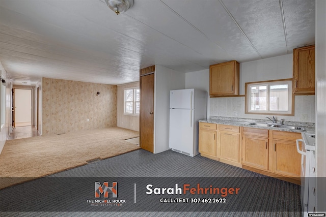 kitchen featuring sink, carpet floors, and white fridge