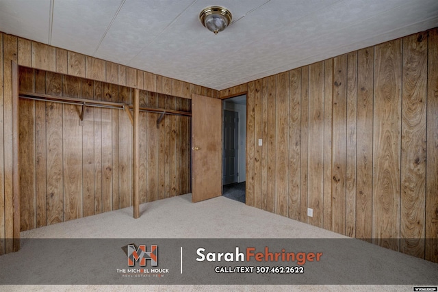 interior space featuring a closet, carpet, and wood walls