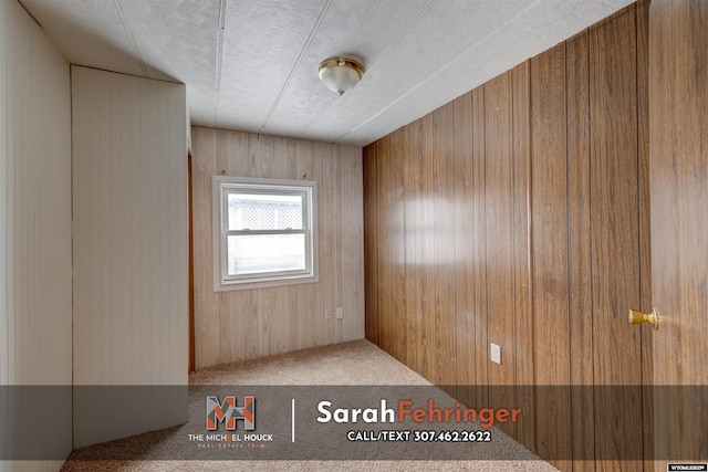 spare room with carpet and wood walls