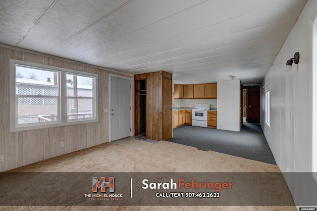 unfurnished living room featuring light colored carpet and wooden walls