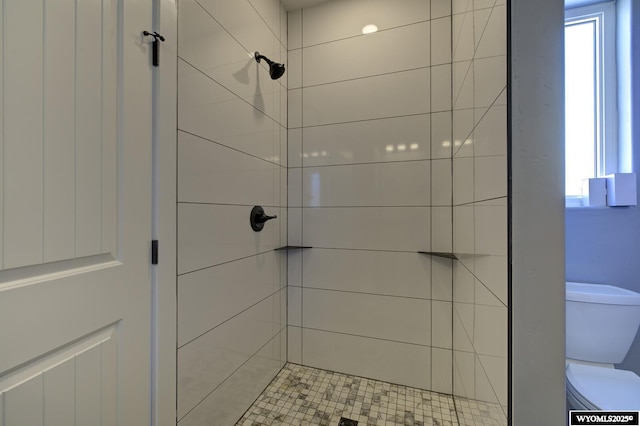 bathroom with a tile shower and toilet