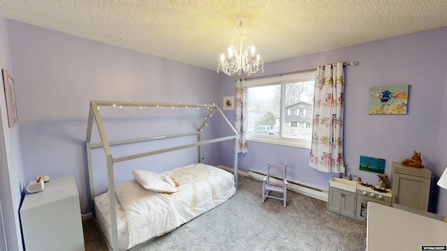 carpeted bedroom featuring a chandelier and a textured ceiling