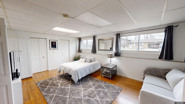 bedroom with a paneled ceiling and wood-type flooring