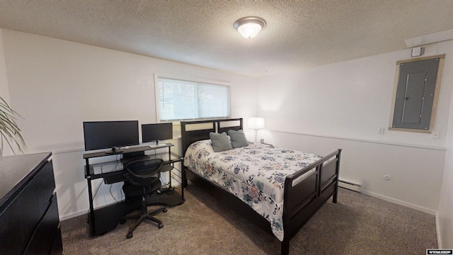 carpeted bedroom featuring a textured ceiling, electric panel, and baseboard heating