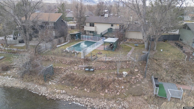 drone / aerial view with a water view