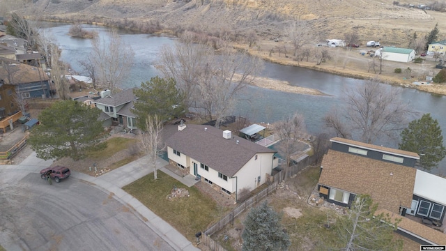 aerial view featuring a water view