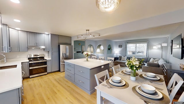 kitchen with stainless steel appliances, a kitchen island, gray cabinets, and hanging light fixtures