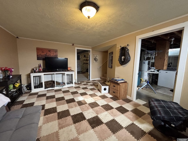 living room with ornamental molding, a textured ceiling, and gas water heater