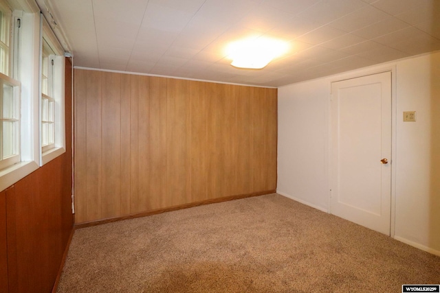 carpeted empty room with wooden walls