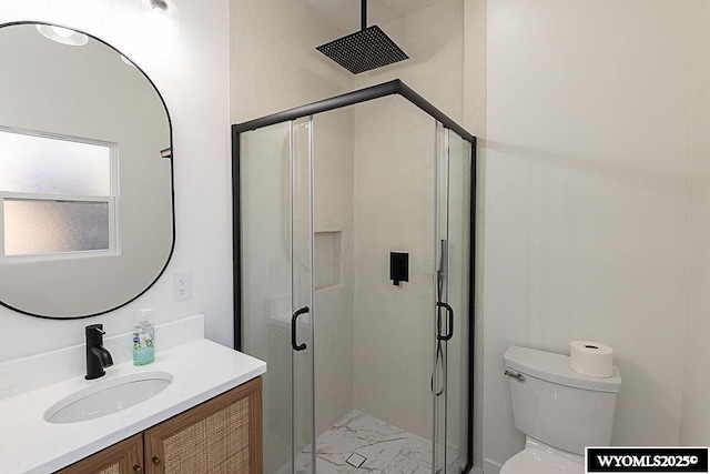 bathroom with vanity, toilet, and an enclosed shower