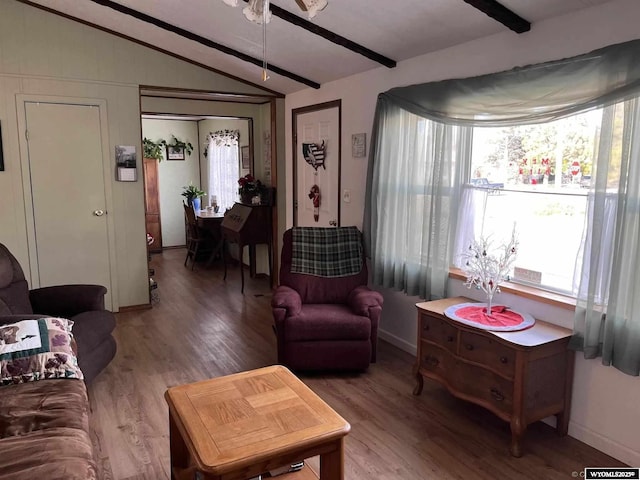 living room featuring lofted ceiling with beams and hardwood / wood-style flooring