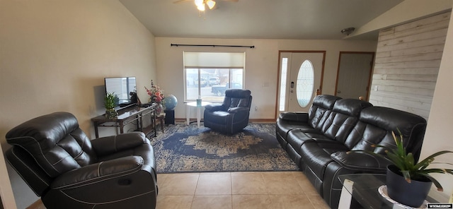 tiled living room with vaulted ceiling and ceiling fan