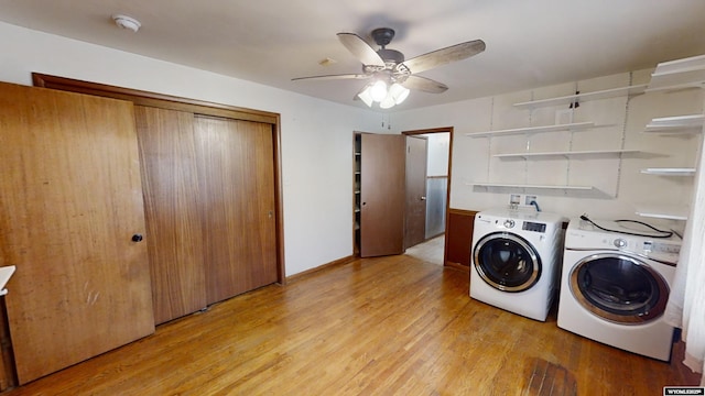 washroom featuring ceiling fan, independent washer and dryer, and light hardwood / wood-style floors