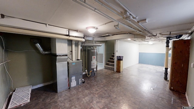 basement with heating unit and gas water heater