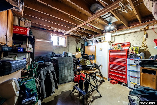 basement with a workshop area