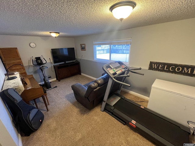 exercise area with carpet and a textured ceiling