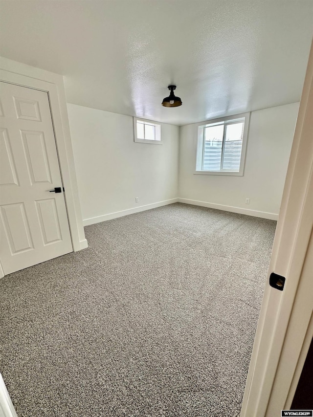 basement with a textured ceiling and carpet flooring