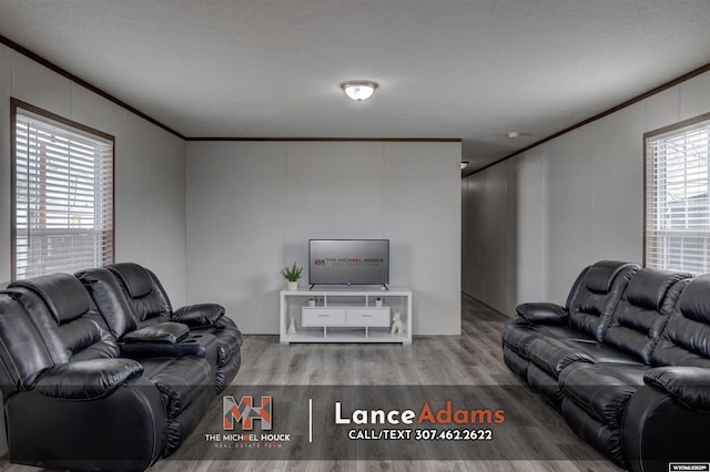 living room featuring ornamental molding and hardwood / wood-style floors