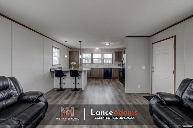 living room featuring crown molding, dark hardwood / wood-style floors, sink, and a textured ceiling