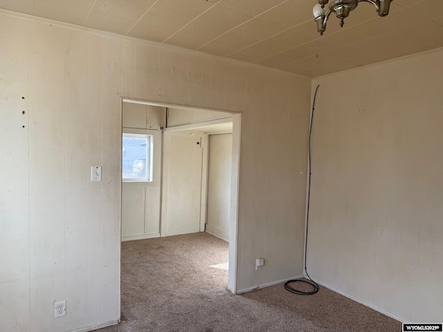 carpeted spare room featuring wood walls