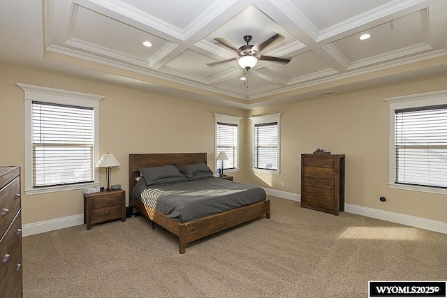 carpeted bedroom with beamed ceiling, crown molding, and coffered ceiling