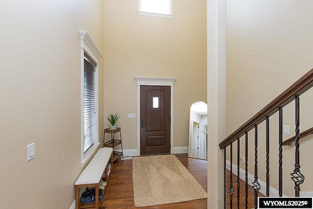 entryway with dark hardwood / wood-style flooring, a wealth of natural light, and a high ceiling