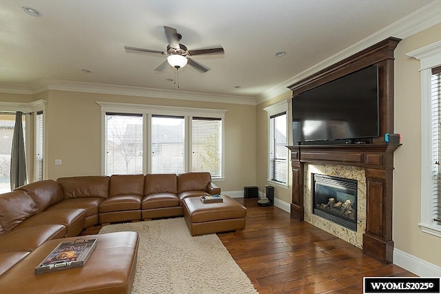 living room with dark hardwood / wood-style flooring, plenty of natural light, ornamental molding, and a premium fireplace