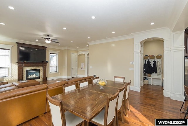 dining room with a fireplace, crown molding, dark wood-type flooring, and a healthy amount of sunlight