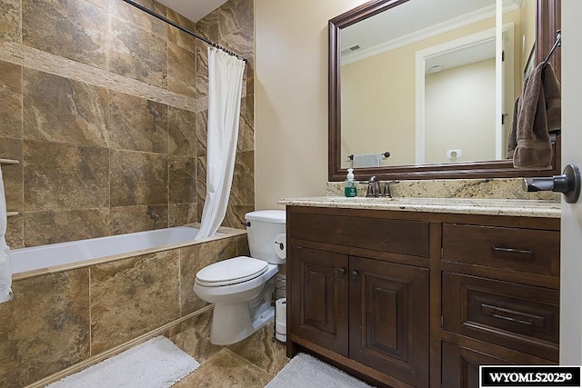 full bathroom with crown molding, vanity, toilet, and shower / bath combo with shower curtain