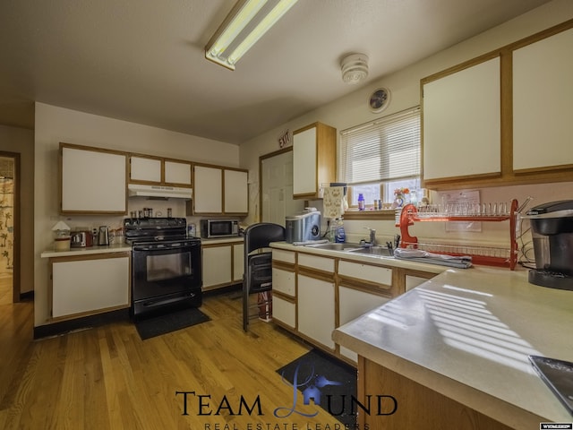 kitchen featuring black range with electric stovetop, light hardwood / wood-style flooring, and sink