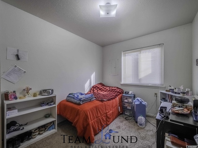 bedroom with light colored carpet and a textured ceiling