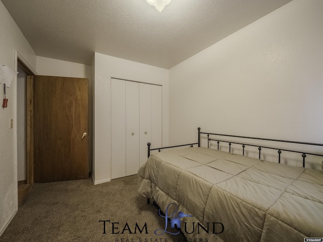 bedroom featuring carpet flooring, a closet, and a textured ceiling