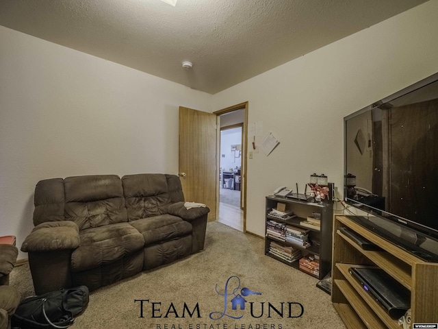 carpeted living room featuring a textured ceiling