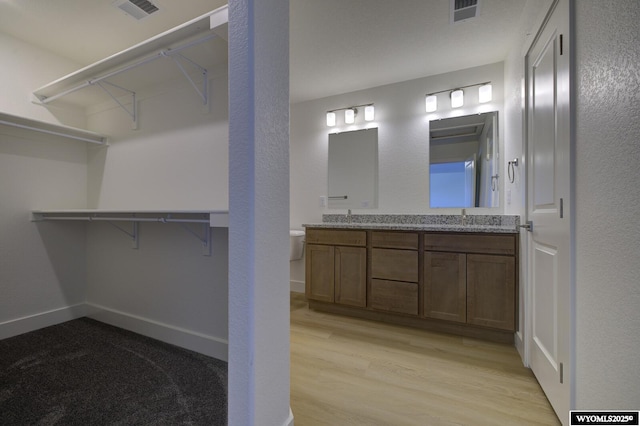 bathroom featuring vanity, toilet, and wood-type flooring