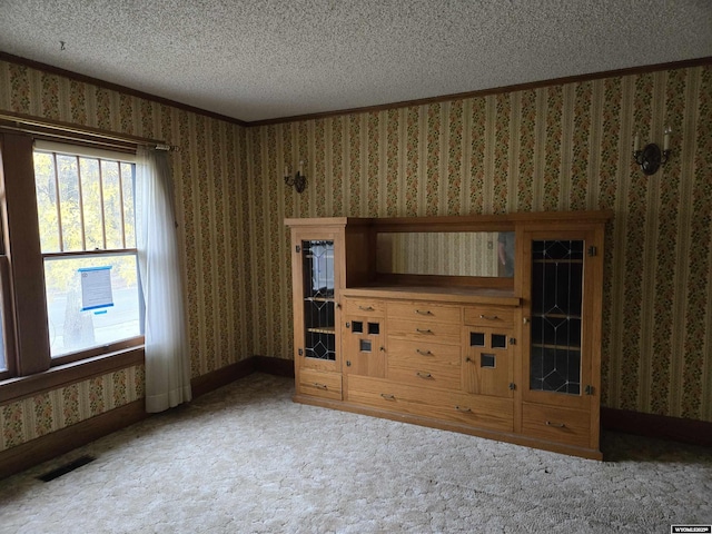 unfurnished living room featuring ornamental molding, light colored carpet, and a textured ceiling