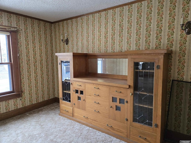 interior space with crown molding, light carpet, and a textured ceiling