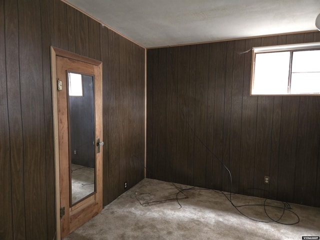 unfurnished room with wooden walls and carpet