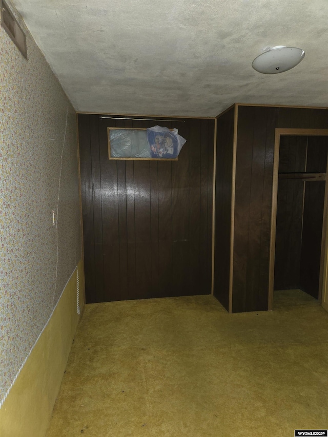 basement with light colored carpet and wooden walls