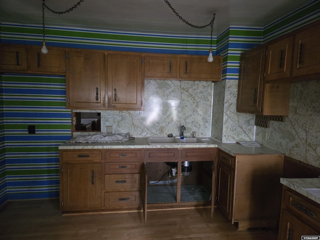 kitchen with sink, backsplash, and hardwood / wood-style floors