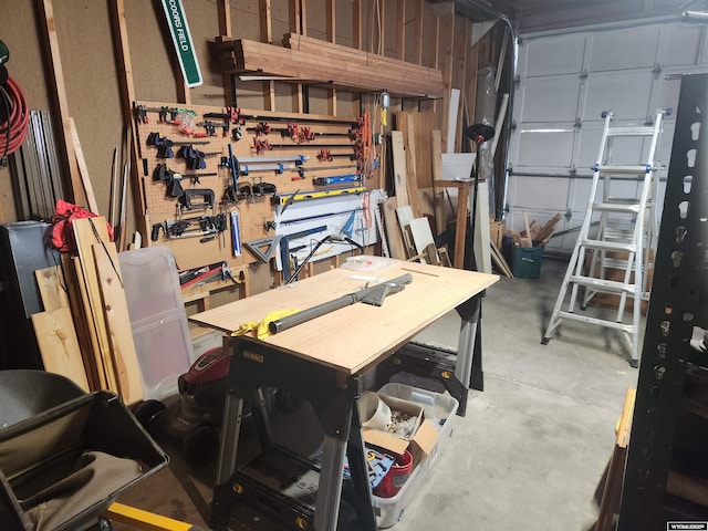 garage featuring a workshop area