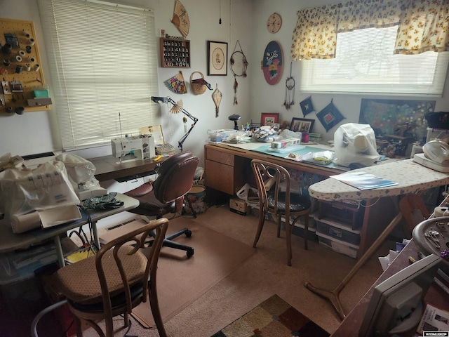 office space featuring carpet flooring and a workshop area