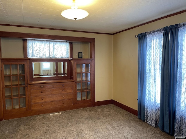 empty room featuring crown molding and carpet