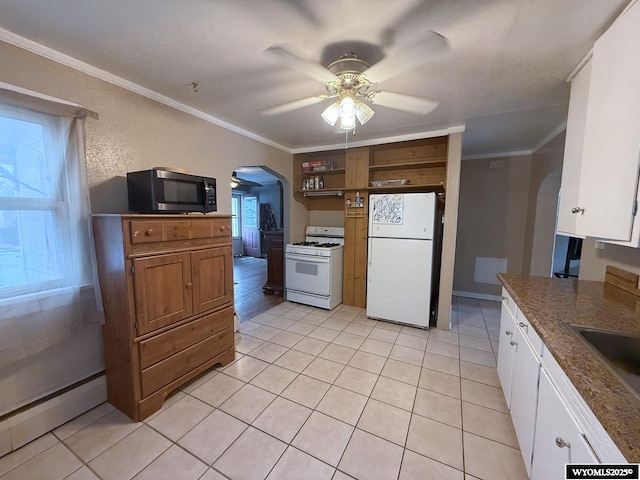 kitchen with light tile patterned flooring, white cabinetry, crown molding, white appliances, and a baseboard heating unit