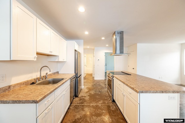 kitchen with sink, white cabinetry, island range hood, a center island, and appliances with stainless steel finishes