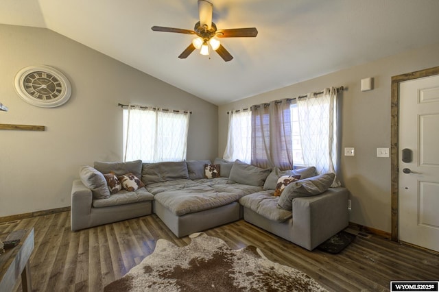 living room with vaulted ceiling, dark wood-type flooring, and ceiling fan