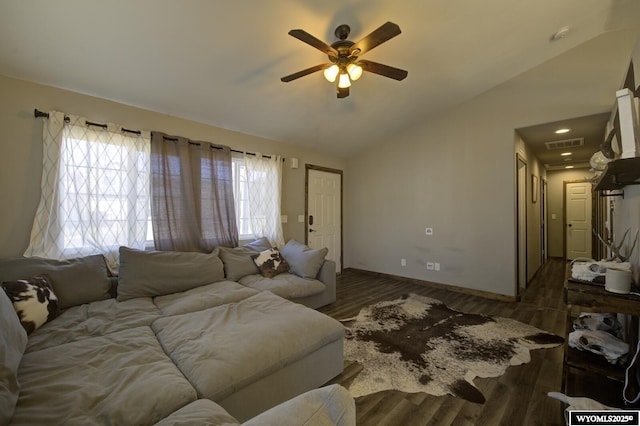 living room with vaulted ceiling, dark hardwood / wood-style floors, and ceiling fan