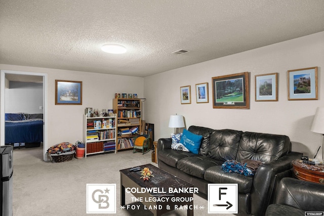 living room featuring a textured ceiling and carpet flooring