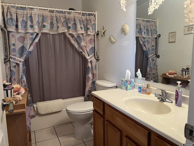 full bathroom featuring tile patterned flooring, vanity, toilet, and shower / tub combo with curtain