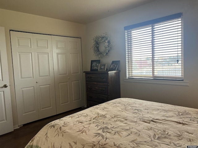 bedroom with dark hardwood / wood-style floors and a closet