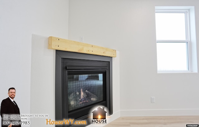 room details featuring baseboards, wood finished floors, and a glass covered fireplace